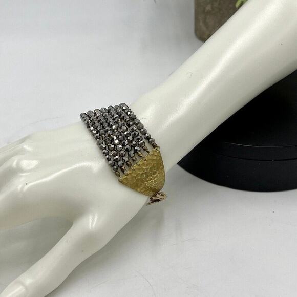 Nakamol Womens Beaded Multi Layer Bracelet Crystal Gray and Hammered Gold Tone - Picture 1 of 15